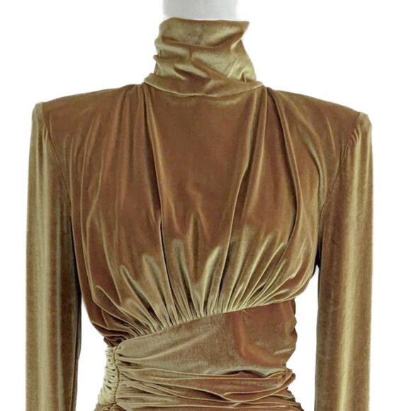Alexandre Vauthier Gold Velvet Ruched Turtleneck Dress with Tulip Hem - Picture 8 of 12